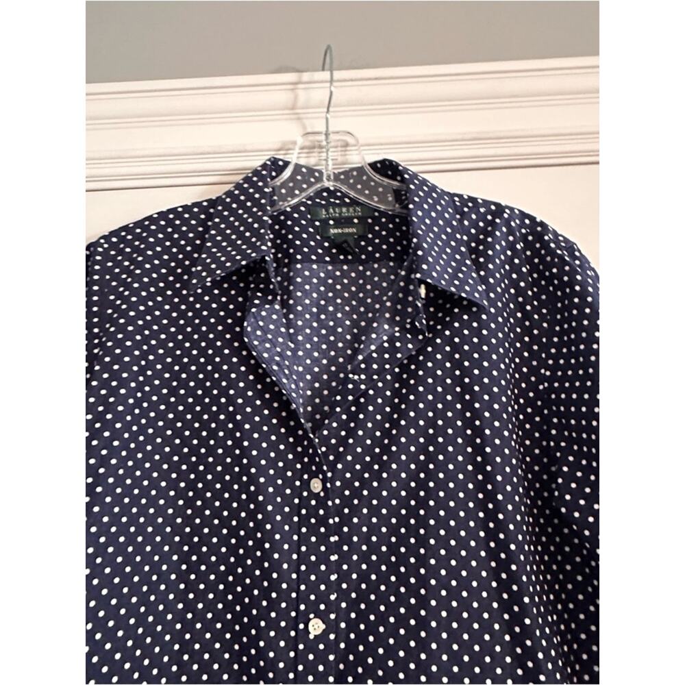 Ralph Lauren Non Iron Polka Dot Button Down Shirt Blue White 3/4 Sleeve LARGE - Picture 4 of 11